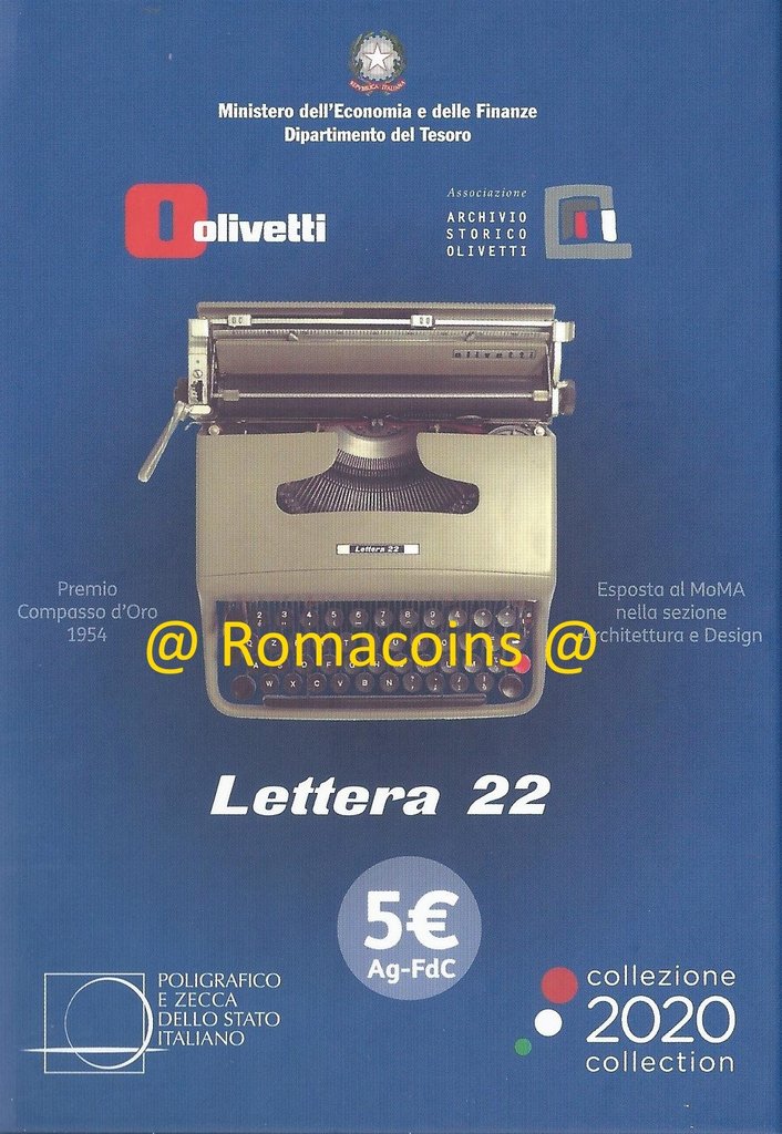 Triptico_5_Euros_2020_Olivetti_Lettera_22_Italia_Plata_Fdc_Romacoins