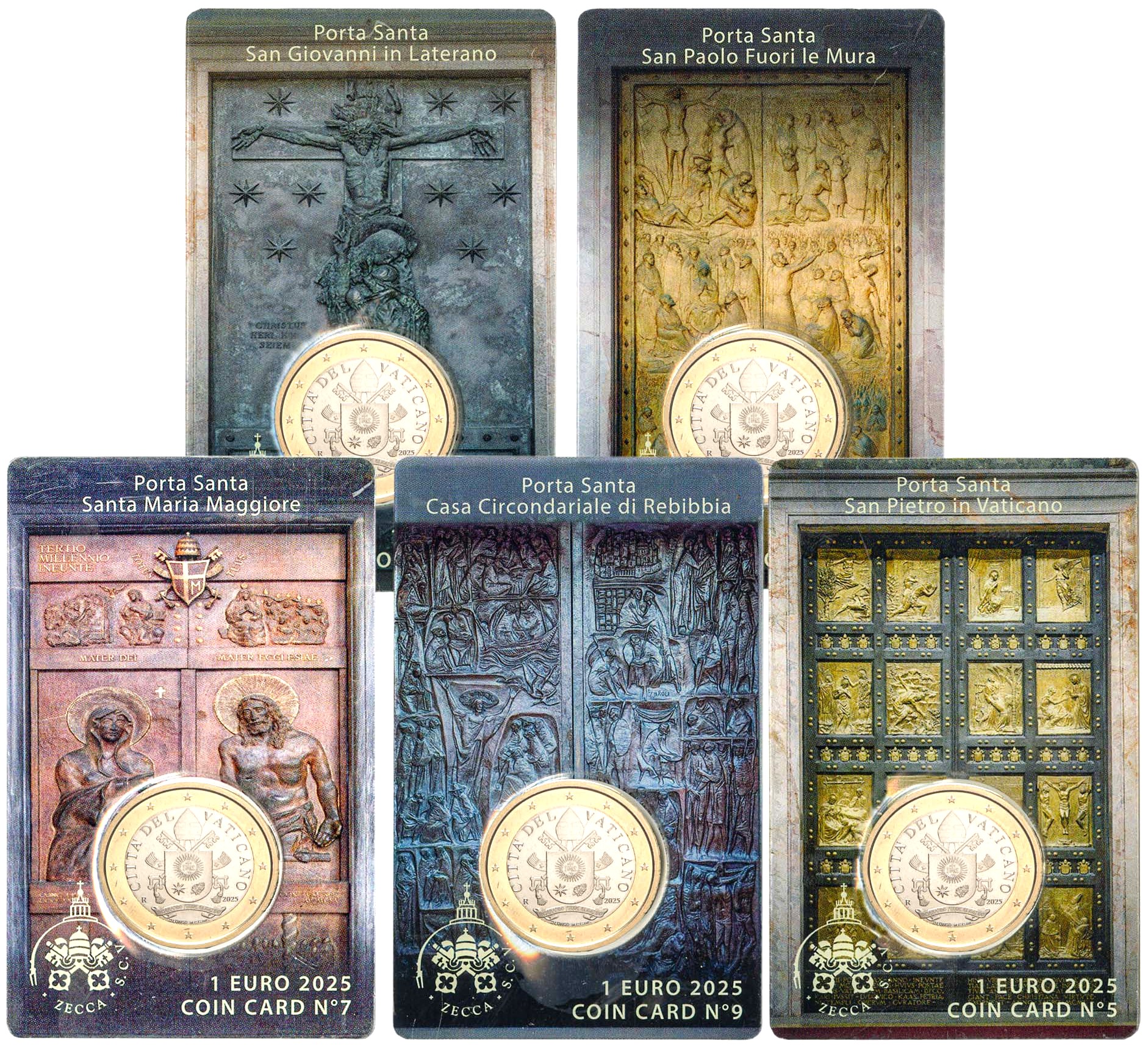 5 Coincard Vaticano 2025 Porte Sante di Roma con 1 Euro Fdc 5 Coincard Vaticano 2025 Porte Sante di Roma con 1 Euro Fdc